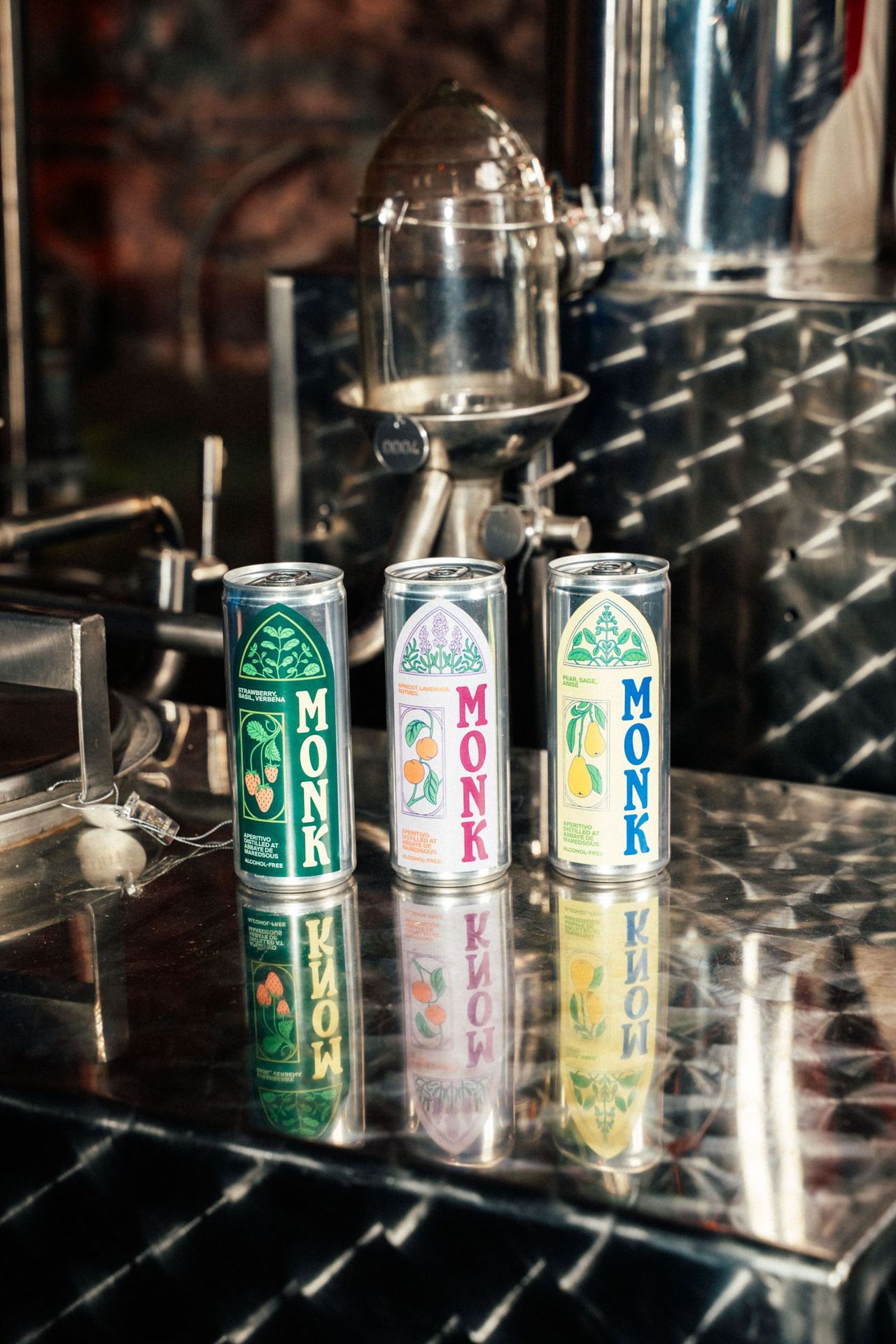 Monk cans on the counter at the Distillery of Maredsous